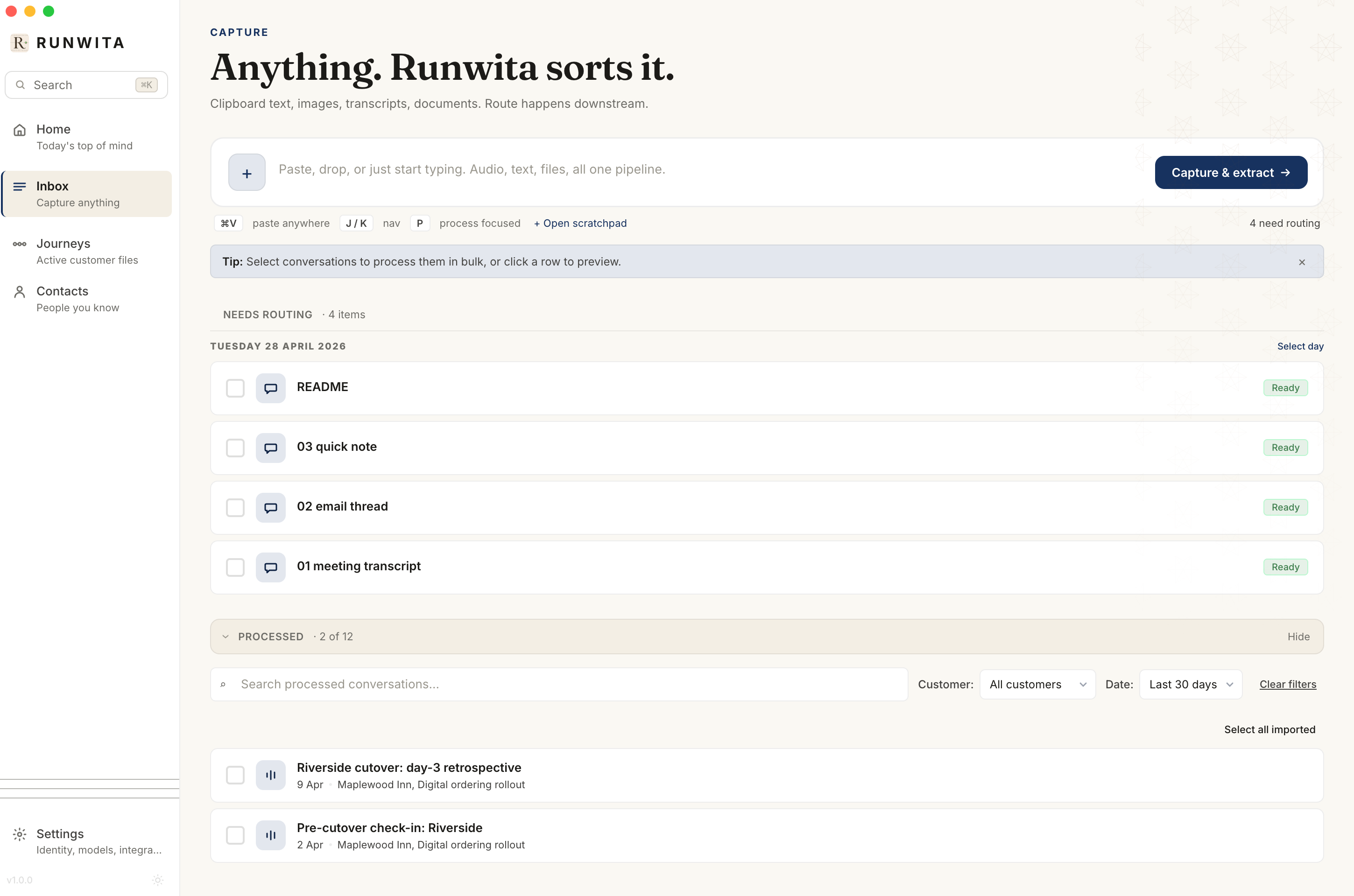 Runwita inbox showing a meeting transcript, an email thread, and a quick note all queued for routing.