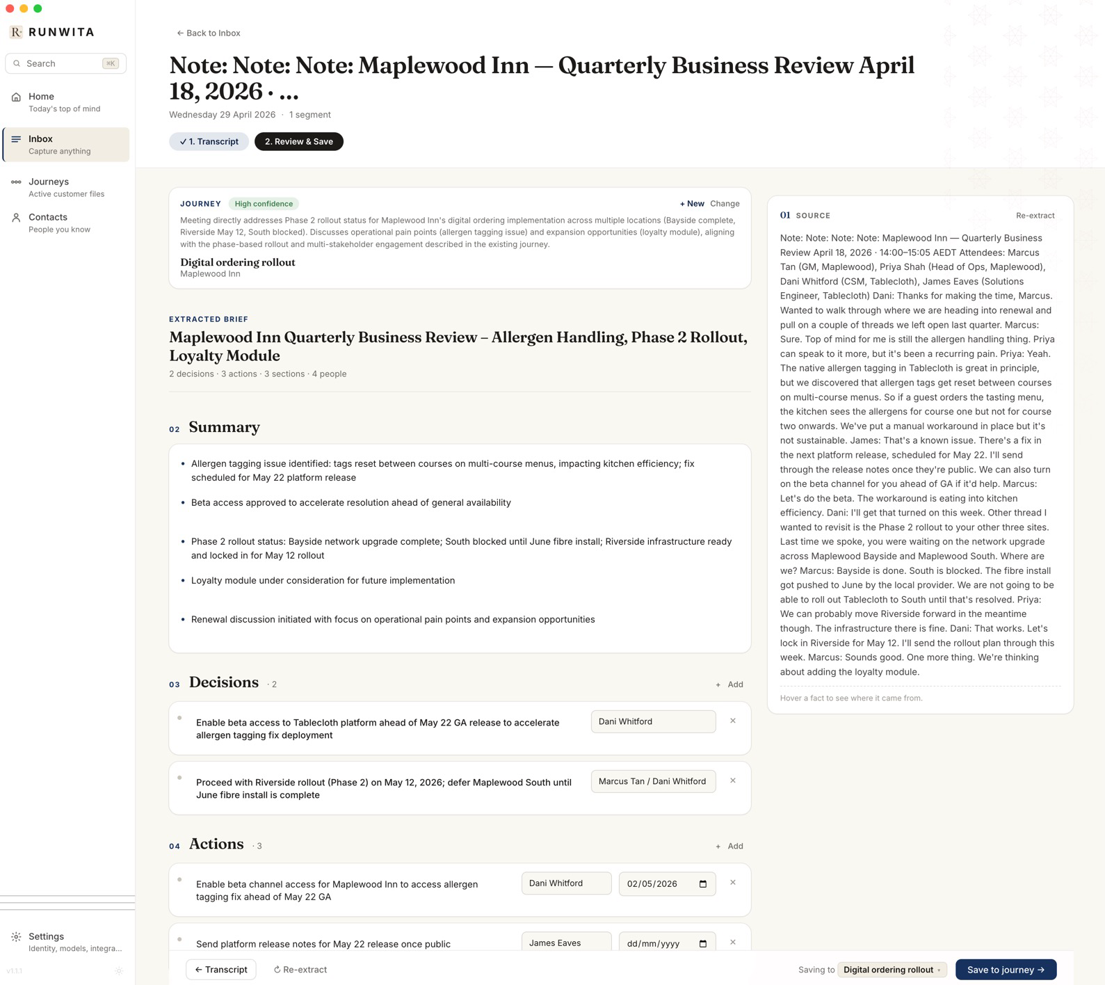 Extraction complete. A note now shows summary, three topics, decisions, actions with owners and due dates, and attendees, all editable.